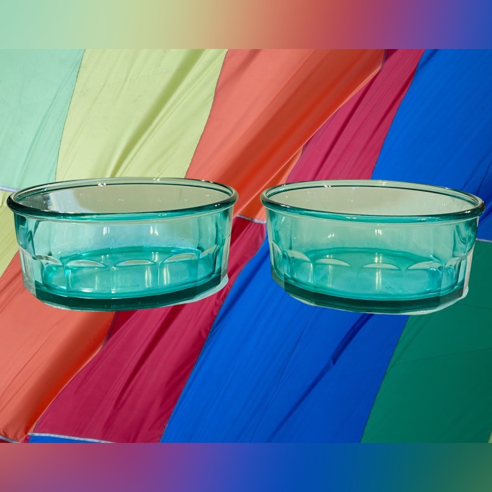 Arcoroc France Tempered Teal Thumbprint Glass Salad/Cereal Bowls, Set of 2